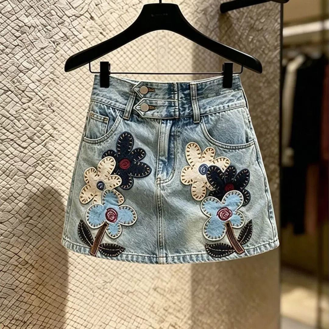 Summer Clothing New Look - 2026年新作夏物 高級感のあるハイウエスト細身アーティスティックフラワー柄韓国ファッションデニムスカート