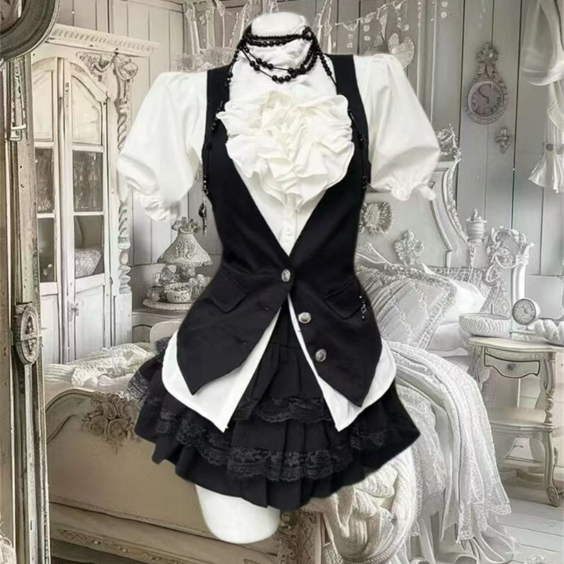 Summer Clothing Aesthetic - Y2k 美的ロリータスタイル甘い 3 点セット女性フリルパフスリーブシャツ + 黒スリムフィットベスト