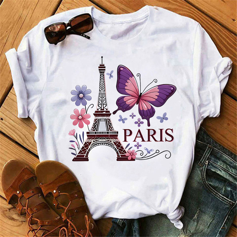 Summer Clothing In Paris - 90年代カラーフラワーバタフライパリデザインプリントTシャツ半袖クルーネックカジュアルオールシーズン婦人服トップスTシャツY2Kトップ