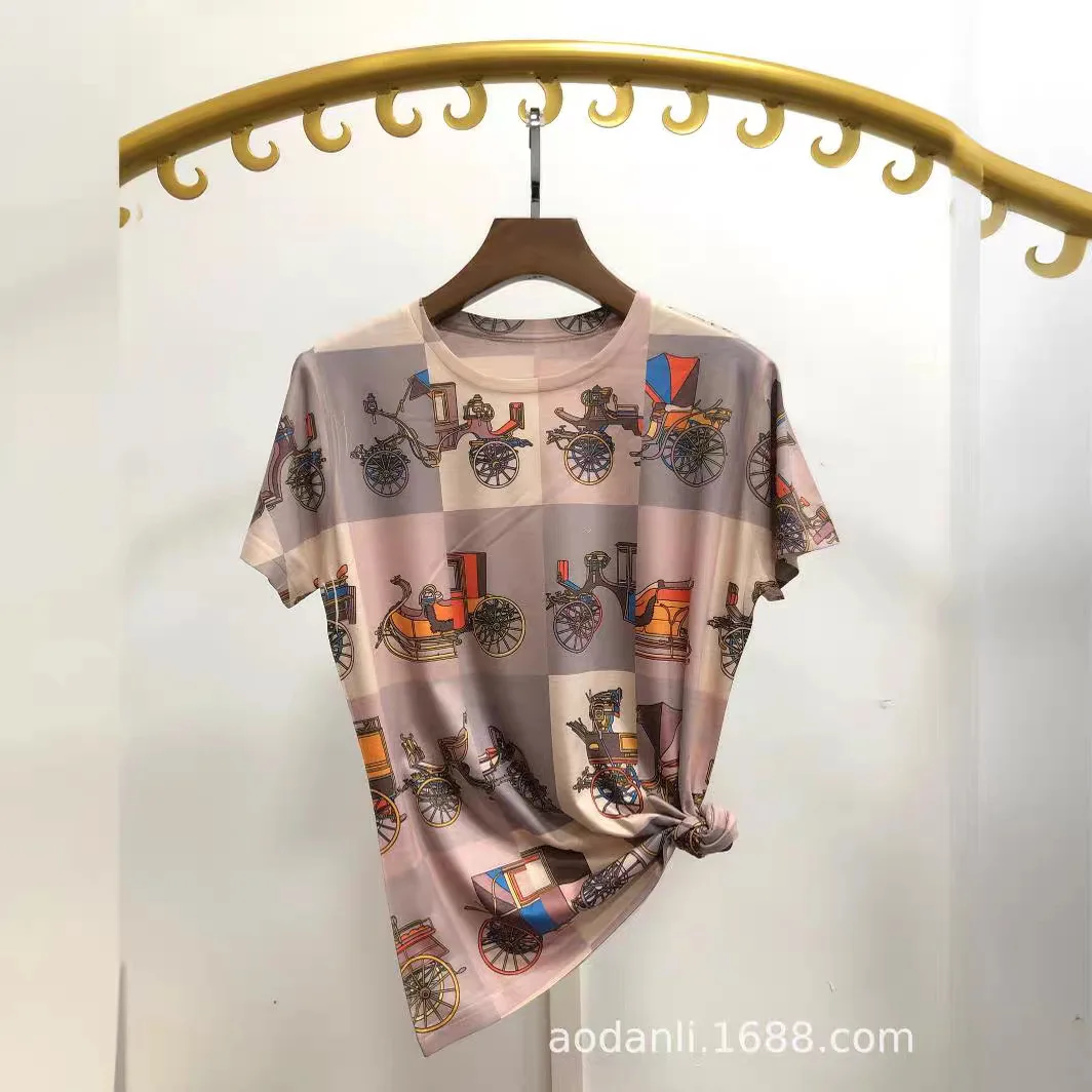 Summer De Clothing - 2025年 レディース チェック柄Tシャツ ヴィンテージ風 カジュアル 漫画柄プリント