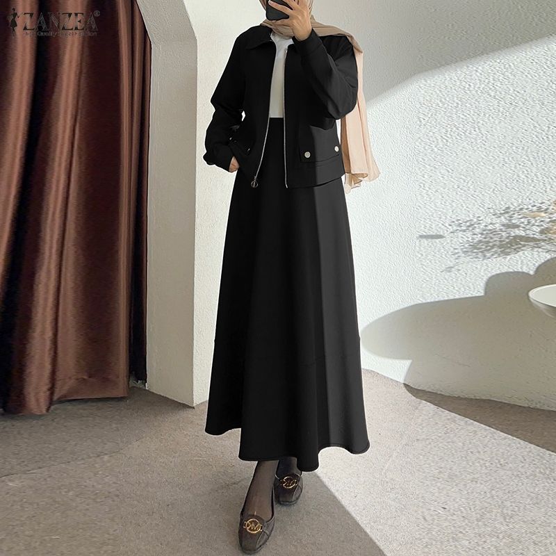 Summer Clothing Hijab - 控えめなファッションレディーススカートスーツ長袖ジャケット＆Aラインマキシスカート2ピースセットZANZEAイスラム教徒ヒジャブ衣装