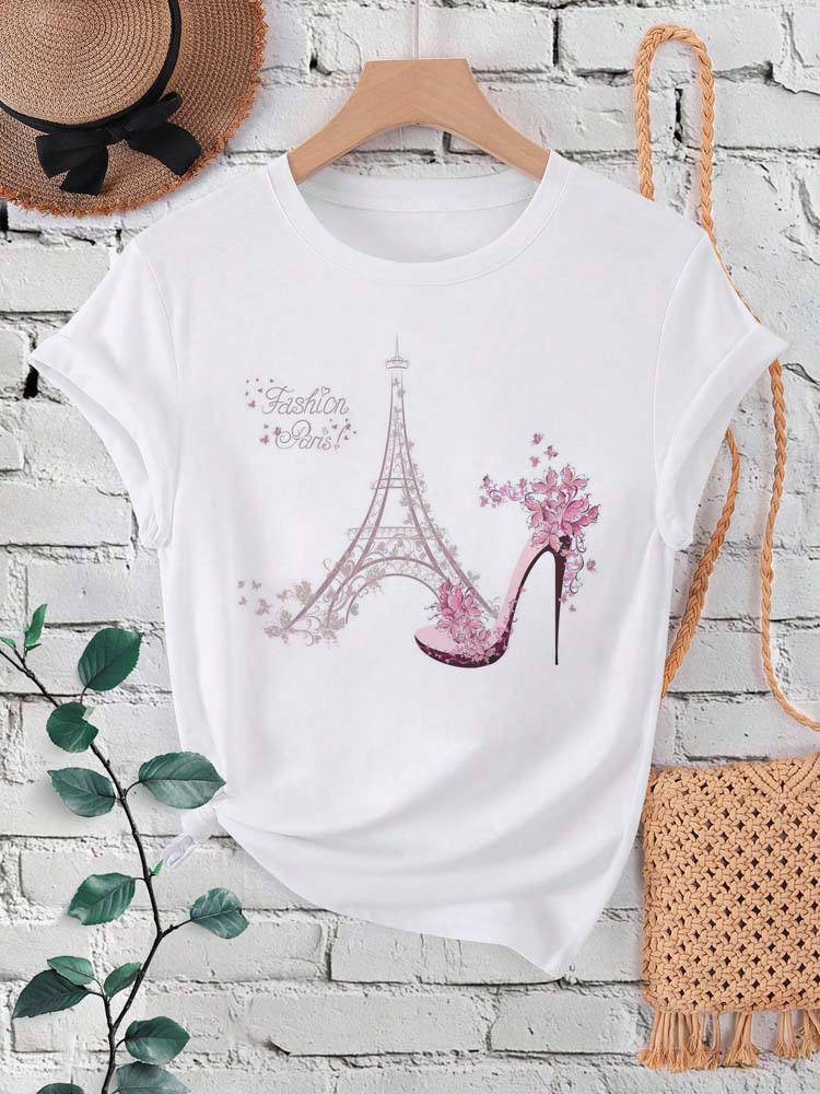 Summer Clothing In Paris - ファッションパリエッフェル塔プリント女性 Tシャツ半袖クルーネックカジュアルトップ夏 & 春婦人服
