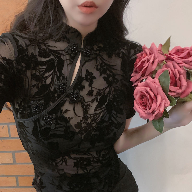 Summer Clothing Aesthetic - 中国風サマーシャツ女性用イレギュラーなスリムシースルーセクシーな花柄デザイン半袖エレガントレディヴィンテージ美的定義