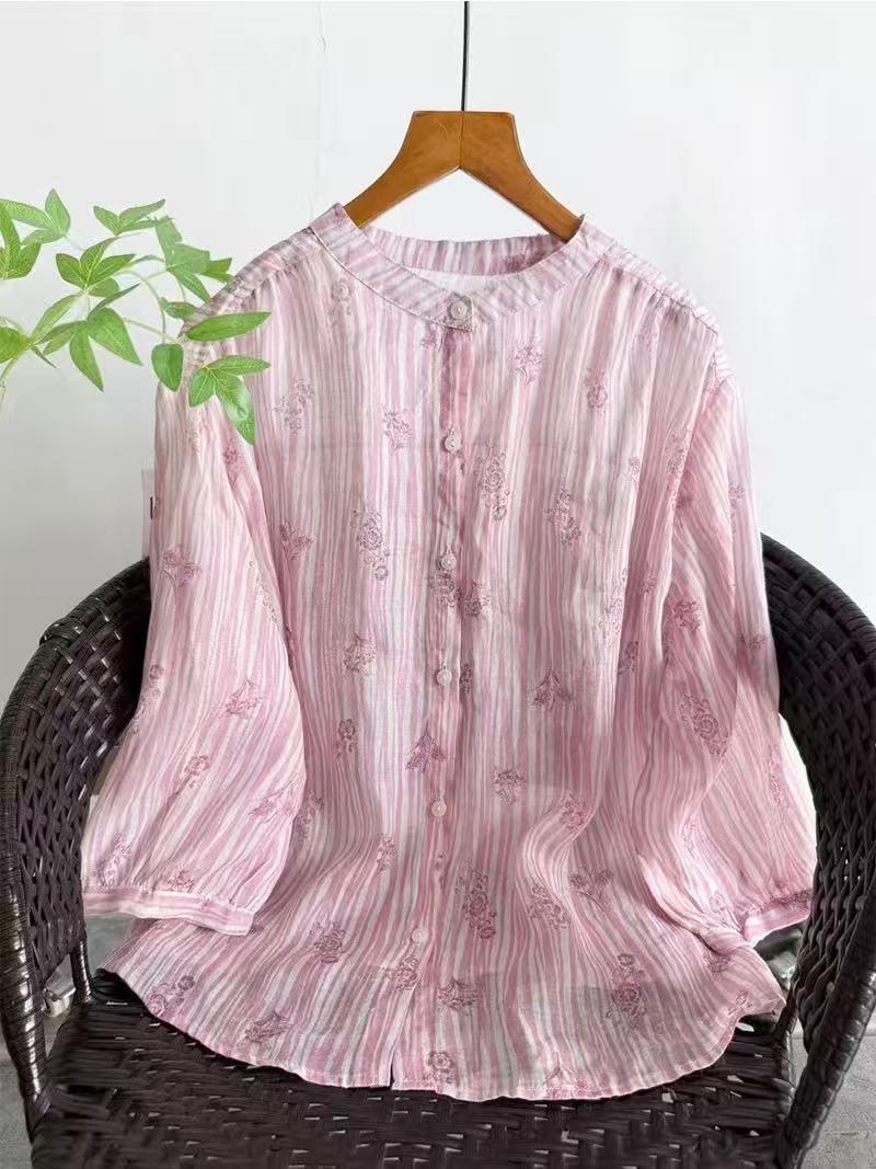 Summer Clothing Japan - 女性のオリジナル高級ブランド服 100% ラミーリネンシャツとブラウス女性用夏通気性プリントトップス