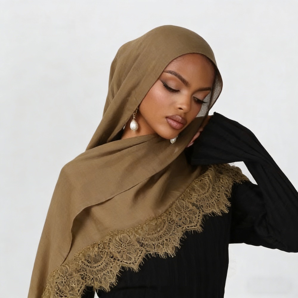 Summer Clothing Hijab - 新しいレーススプライシングレーヨンコットンヒジャブスカーフ通気性のある無地ムスリムショールコットンリネンスカーフヘッドスカーフサマーターバン女性用