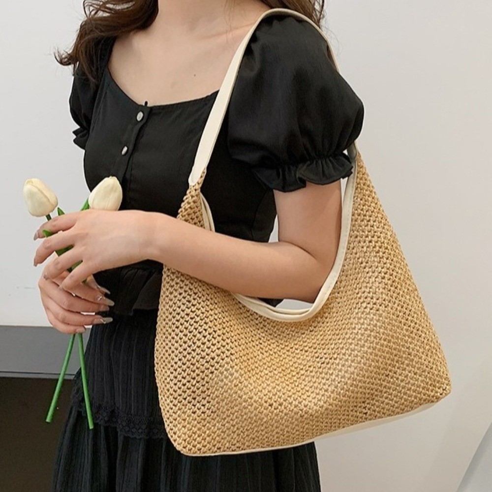 Beach Bag Straw - かわいい無地織りわらバッグボヘミアンスタイル手作りビーチハンドバッグトートバッグバケットバッグショルダーバッグホリデー