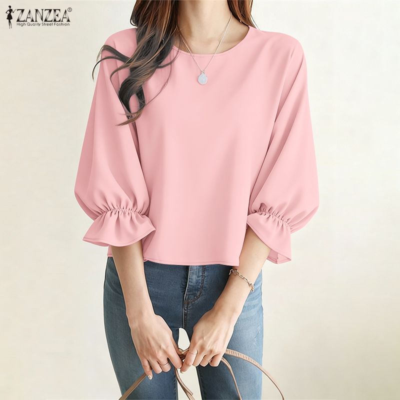 Summer De Clothing - ZANZEA 女性ミニマリスト 3/4 パフスリーブブラウス O ネックソリッドカラープルオーバートップス夏エレガントデイリーカジュアル