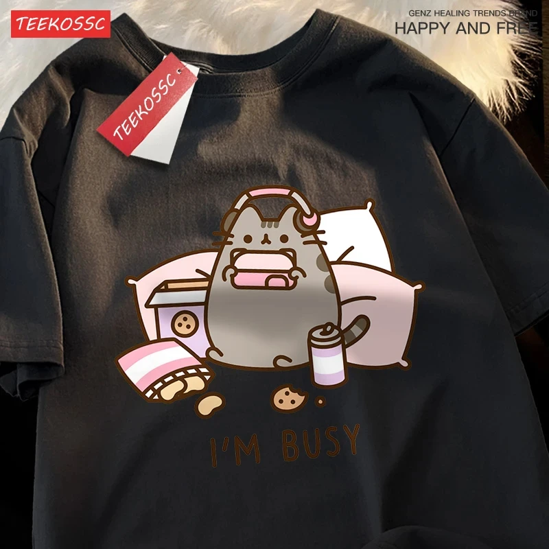 Summer Games Clothing Brand - ヘッドホンでゲームをする忙しい猫の男のTシャツ、高品質ブランド服、ルーズTシャツ、コットンシャツ、トップス、カップル