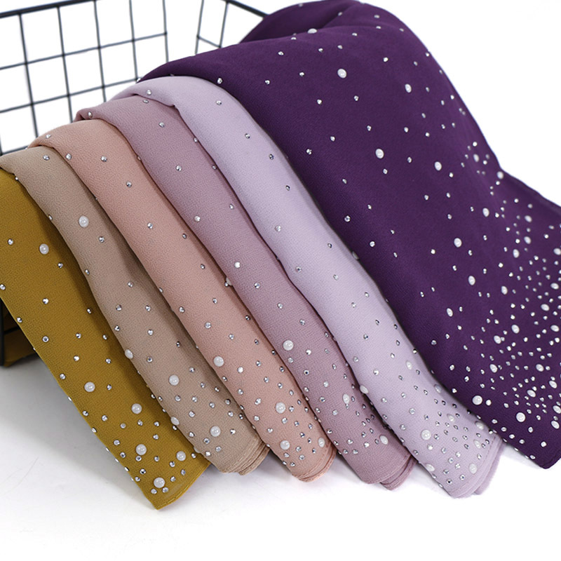 Summer Clothing Hijab - 新しい無地ダイヤモンドビーズバブルシフォンインスタントヒジャブショール固体厚いヘッドラップスカーフ Sjaal イスラム教徒ボンネット Cachecol 180*70 センチメートル