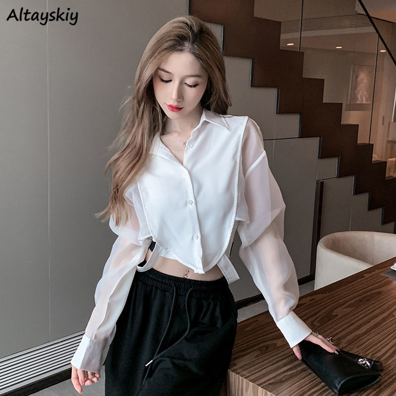 Crop Blouse Linen - 女性のためのシックなパッチワークシャツ,セクシー,エレガント,ショート,ヨーロッパスタイル,折り返し襟,ストリートウェア,春にマッチ