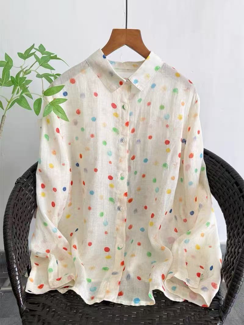 Summer Clothing Japan - 夏の婦人服日本のファッション 100% ラミー水玉プリントシャツ長袖ブラウス女性シャツ夏トップス
