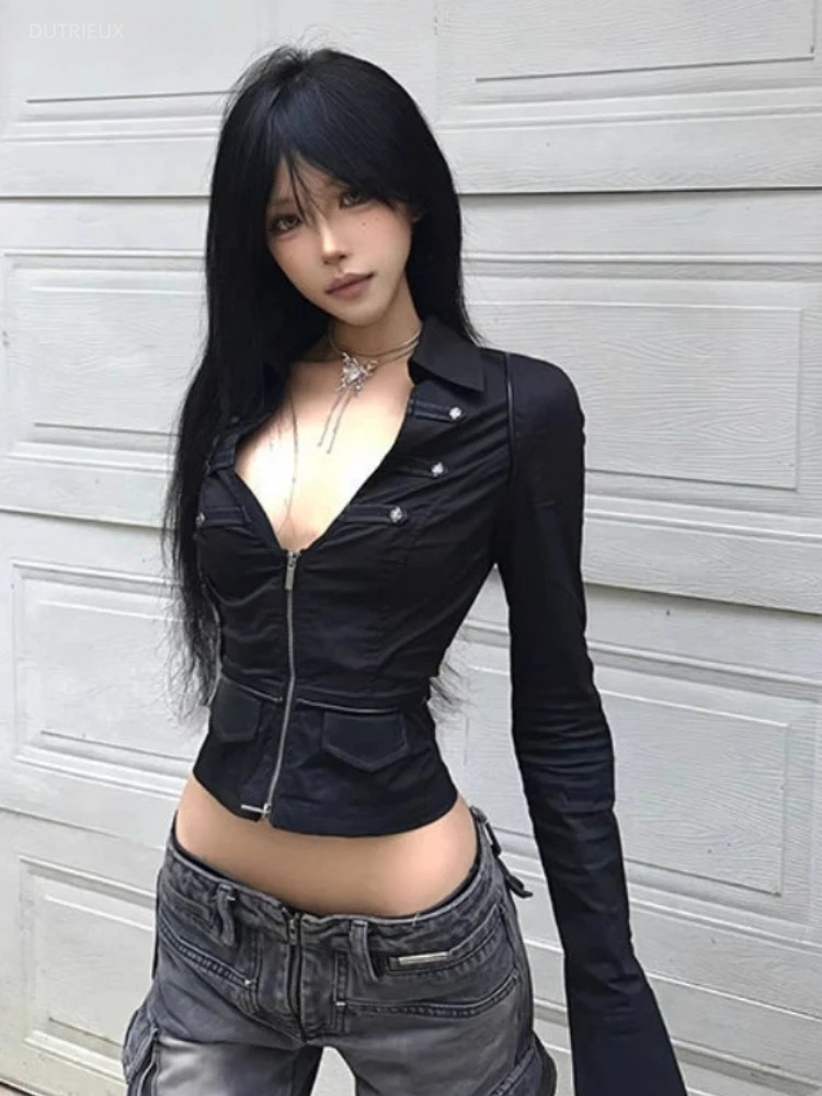 Summer Clothing Aesthetic - Y2k 美的女性のセクシーなブラウス固体ダブルジッパースリムフィットグランジシャツ原宿ターンダウン襟ストリートクロップドトップス
