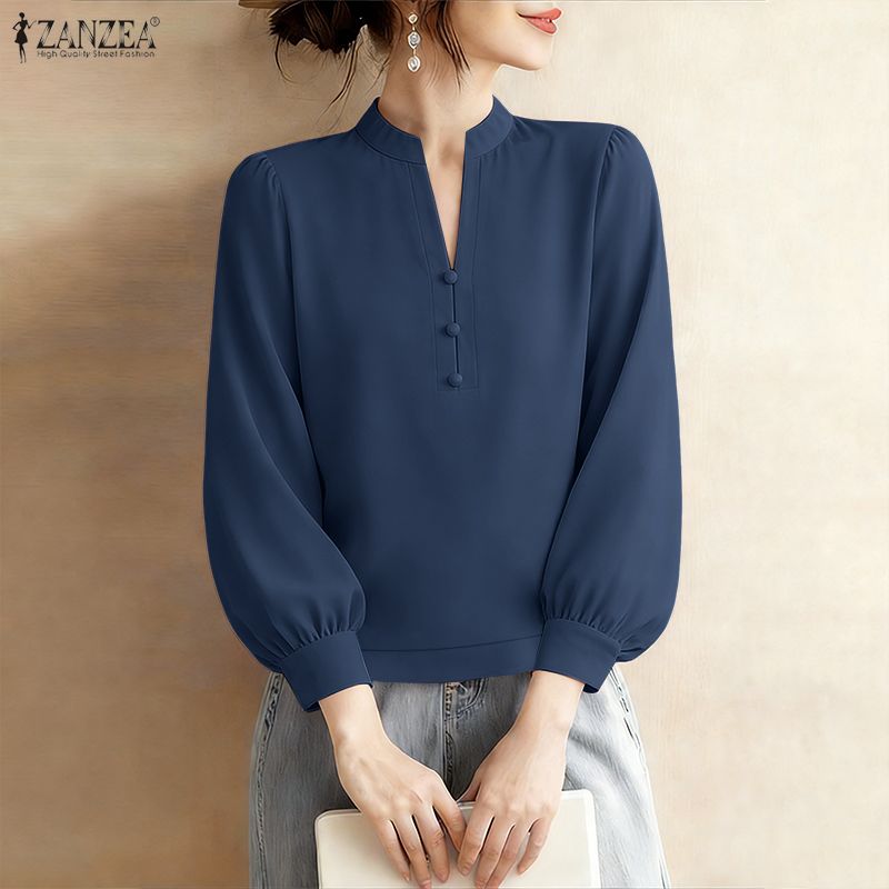 Summer De Clothing - 女性のエレガントなファッションルーズブラウス V ネック 3/4 パフスリーブソリッドカラープルオーバートップス ZANZEA