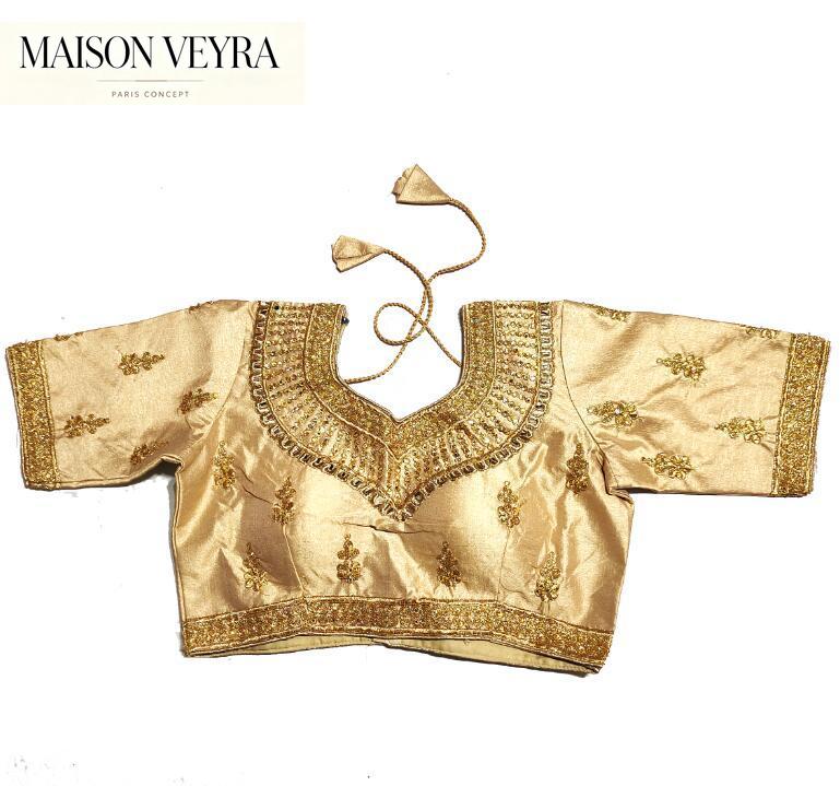 Summer Clothing India - 伝統的なインドのサリートップス、女性用シャツ、ゴールドの夏用刺繍、パキスタンの夏用ラインストーン