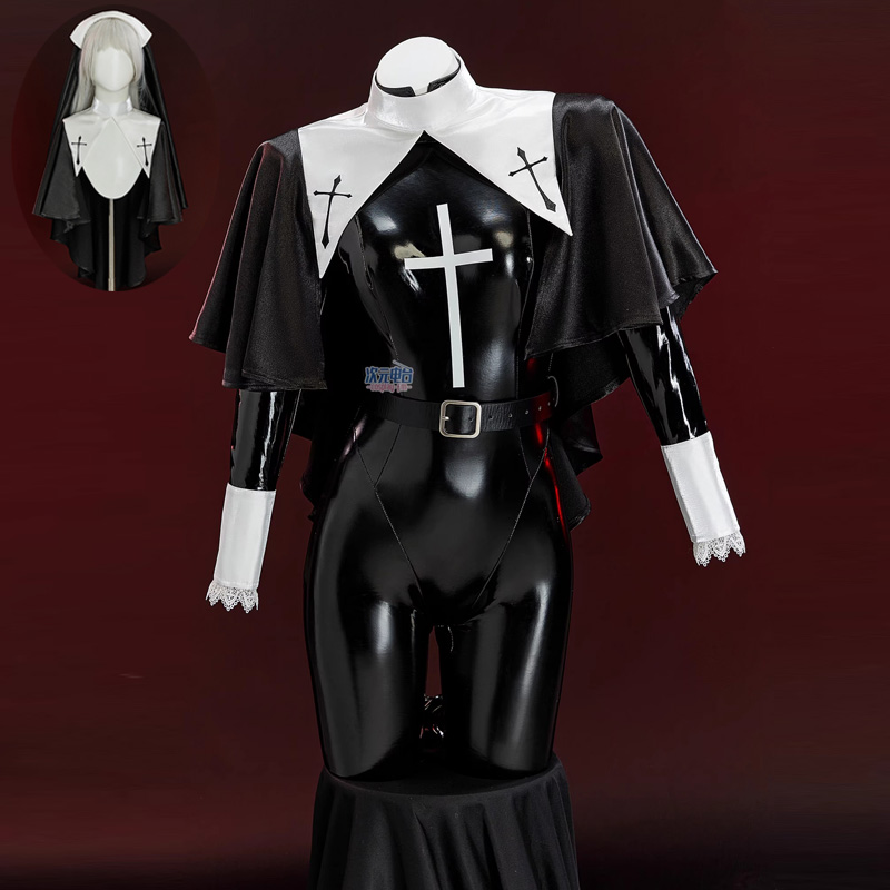 Romper Playsuit Women - 修道女コスプレ衣装女性セクシーな革修道女ジャンプスーツベルト帽子スーツオリジナル修道女制服ハロウィンカーニバルロールプレイ服