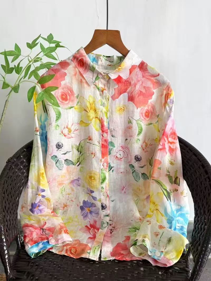 Summer Clothing Japan - 2026年ヴィンテージ服 100%ラミーリネンシャツとブラウス 女性用 春夏 オリジナル ロマンチックな花柄シャツ