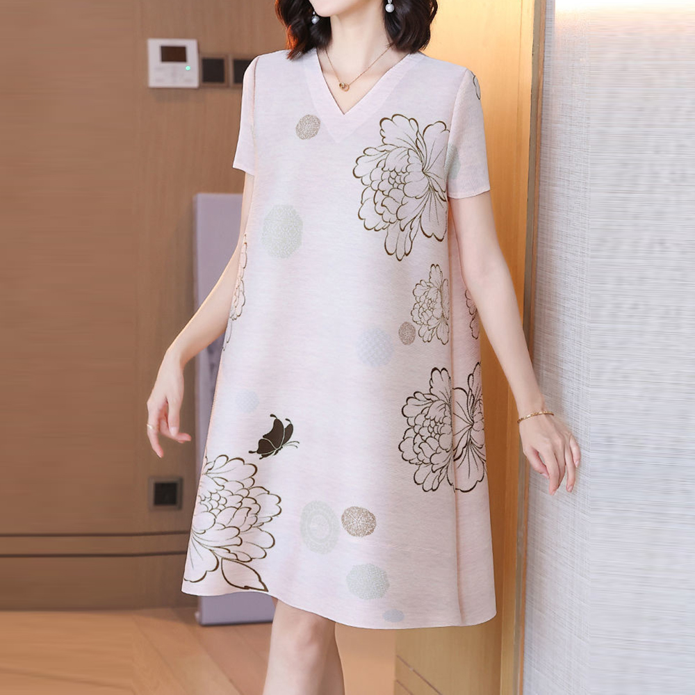 Summer Clothing New Look - プリント柄の若見えスカートでお腹をカバーし、着痩せ効果のある2025年新作レディースVネック薄手サマードレス