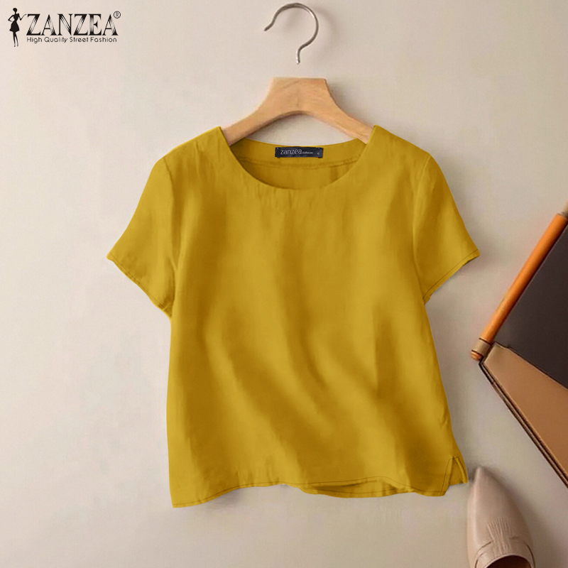 Summer De Clothing - ZANZEA 夏カジュアルコットンブラウス女性用 O ネック半袖サイドスリット薄手トップスデイウェアソリッドカラー Blusas de