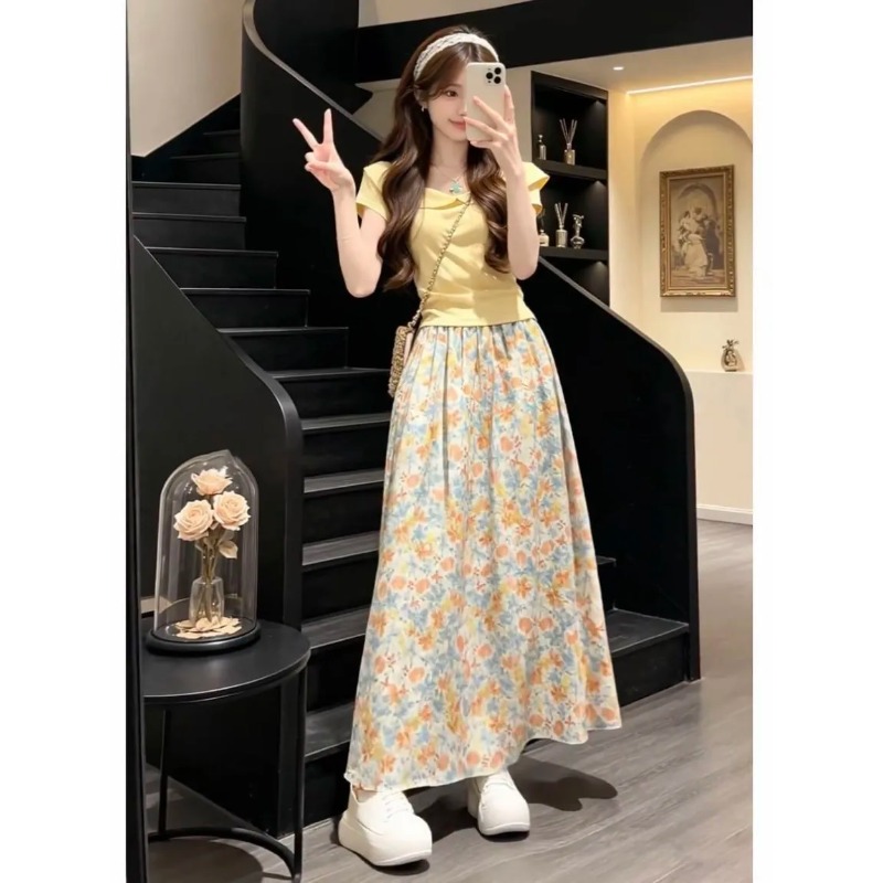 Summer Clothing Japan - 日本韓国女性用スウィートスリム半袖プリント花柄スカートツーピースセットサマーレディースTシャツスカートアウトフィット2026新作服