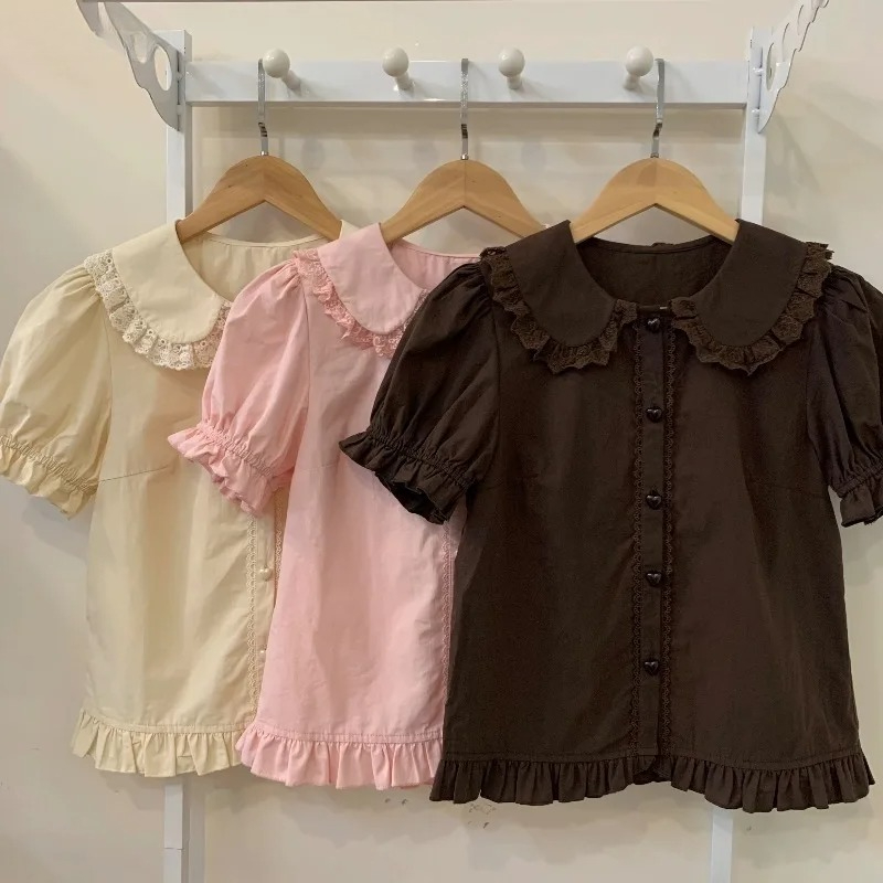 Summer Clothing Japan - 夏日本のかわいいロリータシャツ女性甘いパフ半袖レースフリルスリムブラウス女の子かわいい Y2k 服トップス Blusas