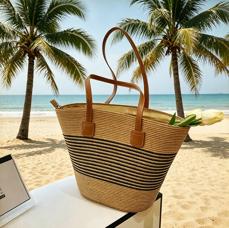 Beach Bag Straw - CLAREGQI レディース ストライプストロートートバッグ、大容量織りビーチバッグ、PUレザーハンドル付きカジュアルショルダーバッグ、サマートラベルバッグ