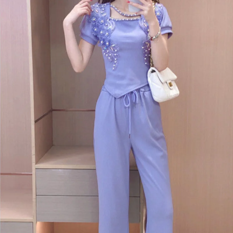 Summer Clothing Trends 2025 - ワイドレッグレディースパンツ パープル 女性用パンツ ツーピースセット 韓国スタイル 卸売バルク衣料