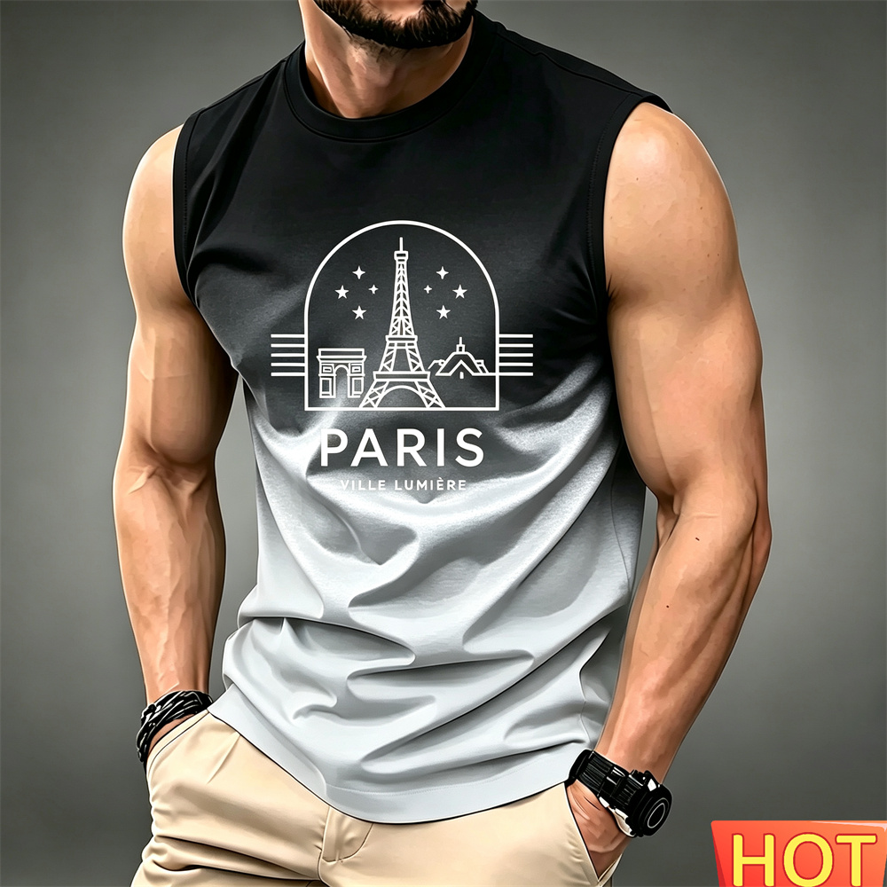 Summer Clothing In Paris - 夏のメンズグラデーションノースリーブ Tシャツ通気性ホームラウンドネック Tシャツ男性服レジャースポーツパリグラフィック Tシャツトップ