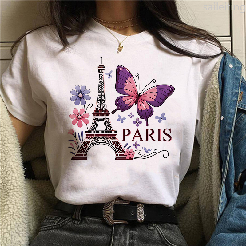 Summer Clothing In Paris - 90 年代カラーフラワーバタフライパリデザインプリント Tシャツ半袖原宿スリーブ婦人服ストリート美的服