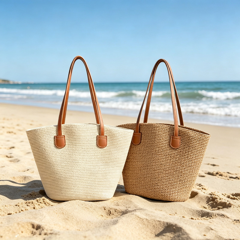 Beach Bag Straw - CLAREGQI レディース ソリッドカラー ストロー トートバッグ 大容量