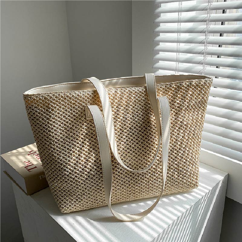 Beach Bag Straw - 2026 夏ビーチわら女性のバッグ大容量ショッパートート女性ピュアカラーショルダーメイクアップバッグカジュアル女性財布ハンドバッグ