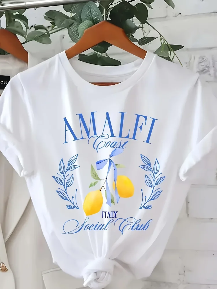 Summer Clothing Aesthetic - レモンプリント Tシャツ 半袖 クルーネック カジュアルトップ 夏と春用
