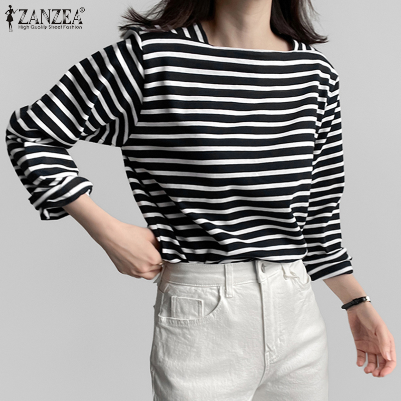 Summer De Clothing - ZANZEA 女性カジュアルストライプブラウス春長袖スクエアネック Tシャツ夏快適な日常着 Blusas de Mujer