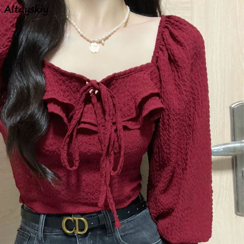 Crop Blouse Linen - Red Blouses Lace Up Casual Vintage