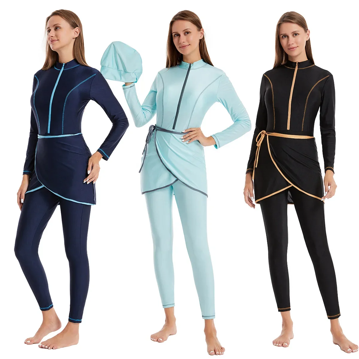 Summer Clothing Hijab - 3点セット 無地 ムスリム水着 レディース ムスリム水着 ブルキニ