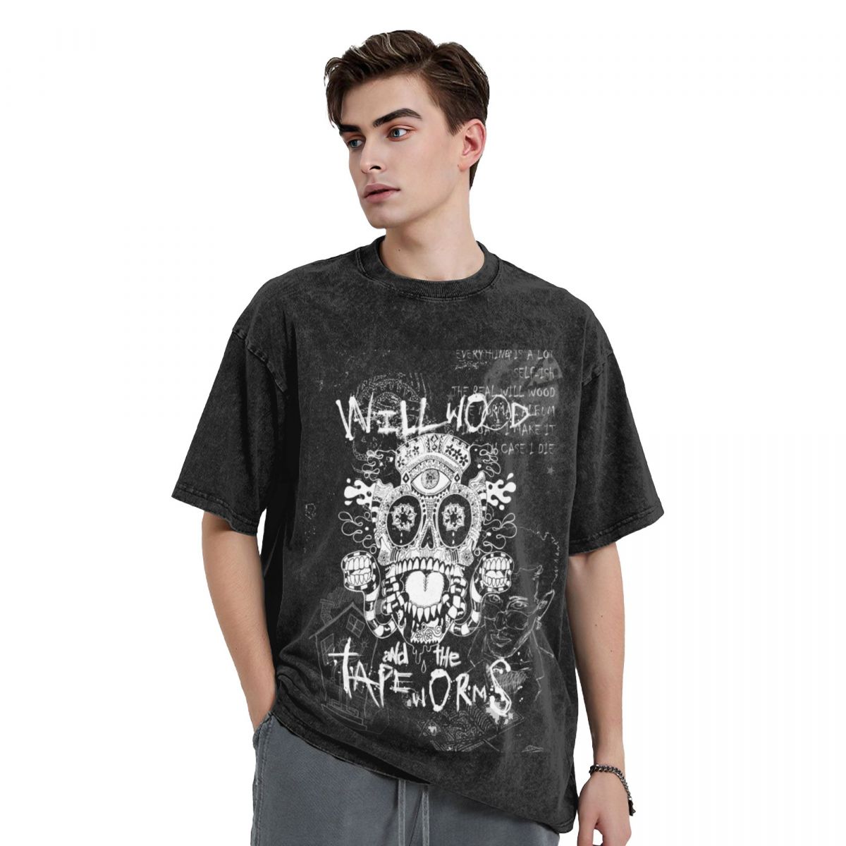 Summer Clothing Aesthetic - メンズウィルウッドTシャツとテープワームアートワークデザインTシャツ、美的服、プラスサイズのトップス、ヴィンテージグラフィックTシャツ、黒