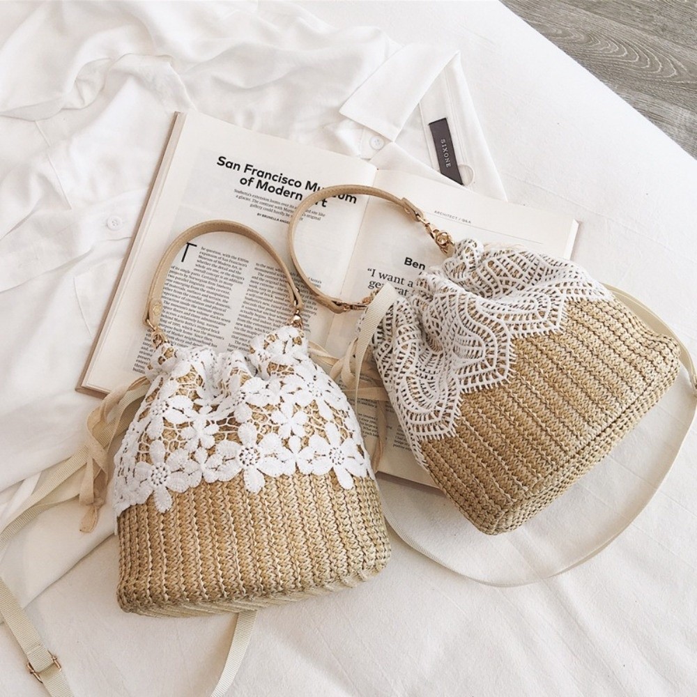 Beach Bag Straw - ヴィンテージレースストローショルダーバッグボヘミアンフラワーウィーブトートバッグバケットバッグ大容量ビーチハンドバッグ夏