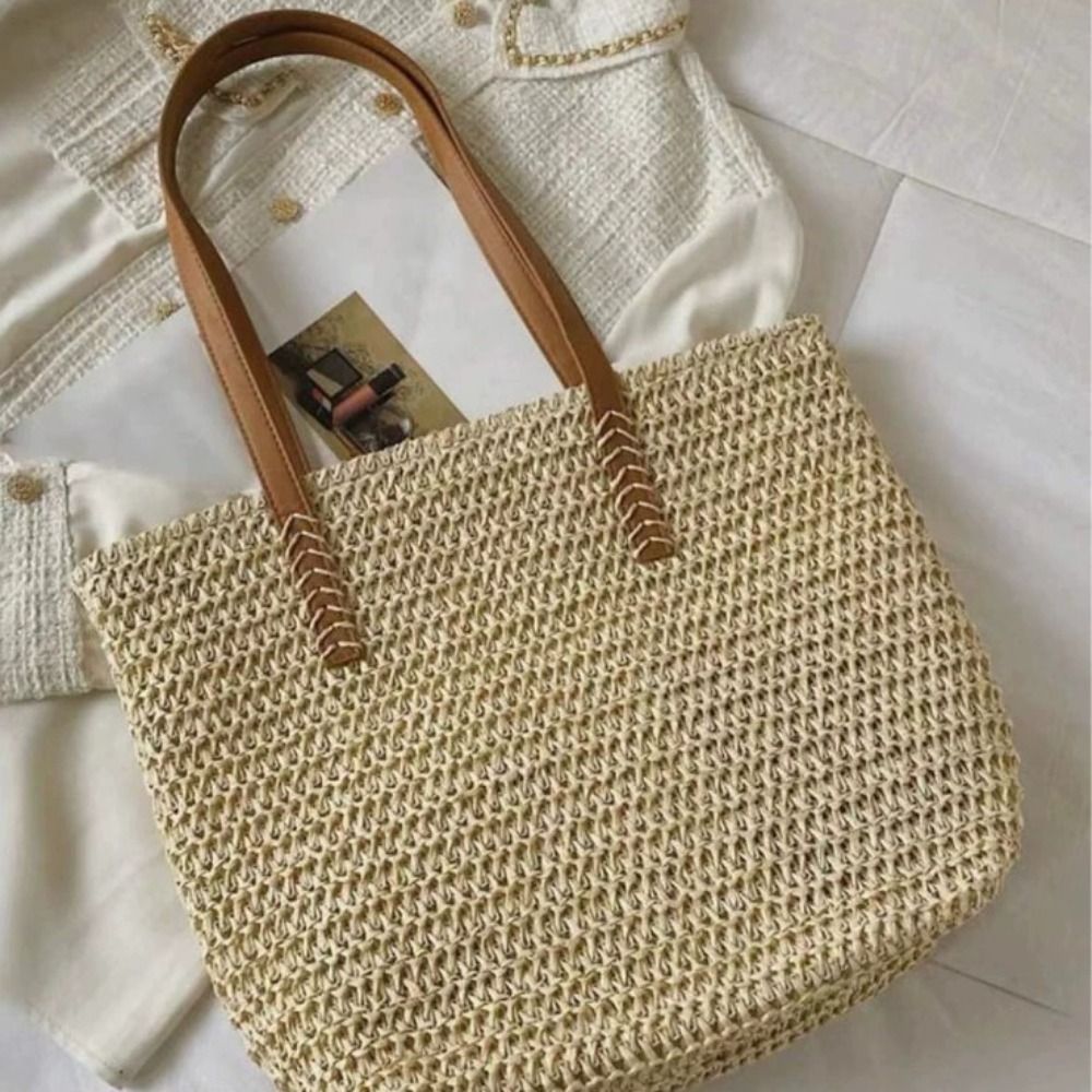 Beach Bag Straw - かわいい無地織りストロートートバッグスクエア織りビーチハンドバッグボヘミアンスタイルジッパーラフィアショルダーバッグショッピング