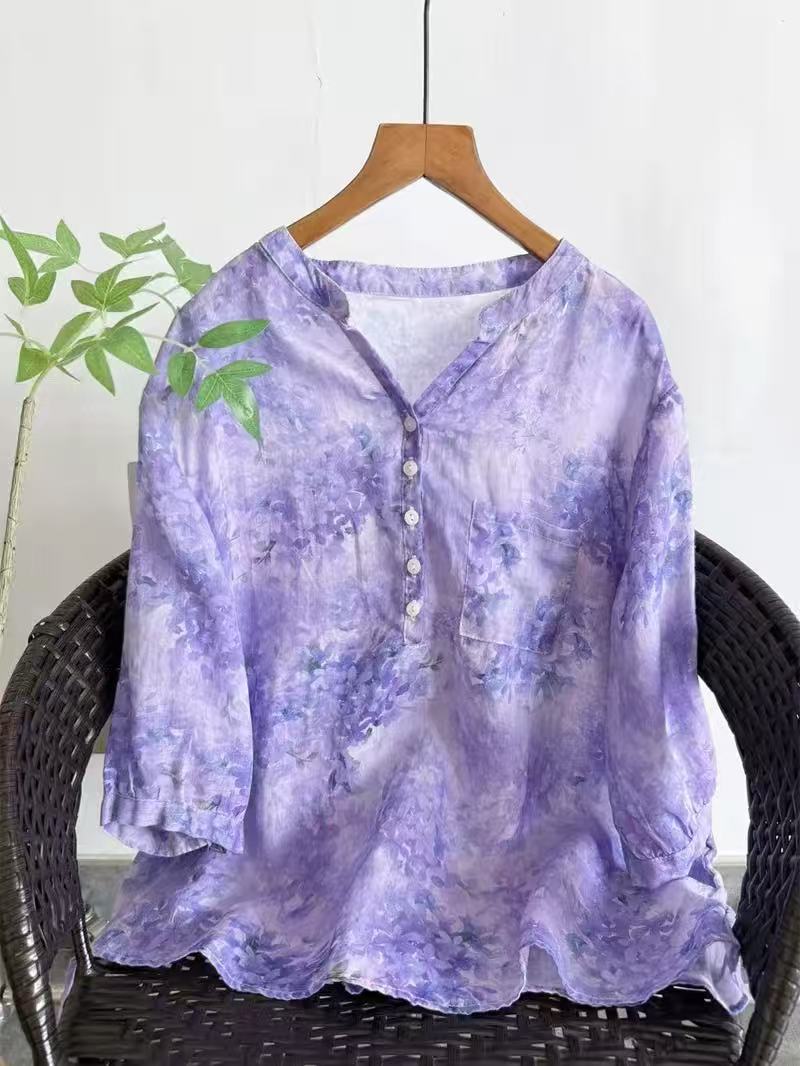 Summer Clothing Japan - 100% ラミーシャツ女性用夏ヴィンテージ V ネック半袖パープルプリントシャツ半袖ブラウスボヘミアン服
