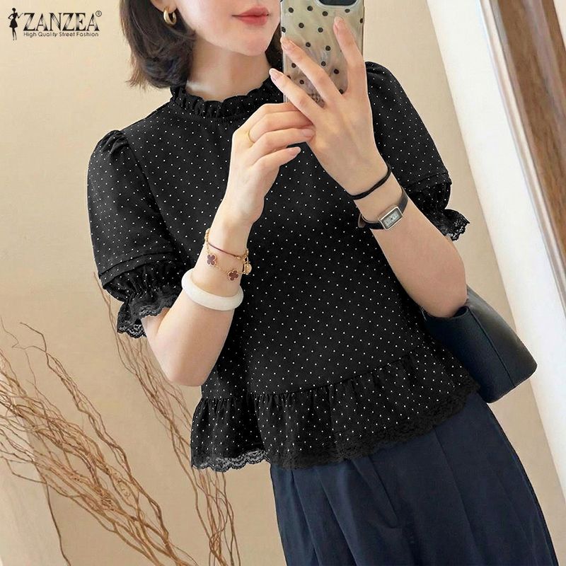 Summer De Clothing - ZANZEA 女性ポルカドットレースパッチワークブラウスフリルトリム O ネックピンタックランタンスリーブトップス夏エレガントなブラウスデムジェ