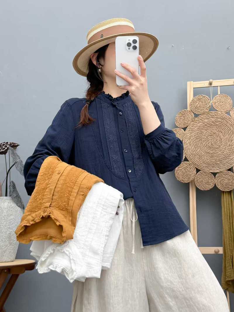 Summer Clothing Japan - 2026 ヴィンテージ服森ガール綿糸ネイビーブルーホワイトオレンジ刺繍シャツとブラウス女性用長袖トップス
