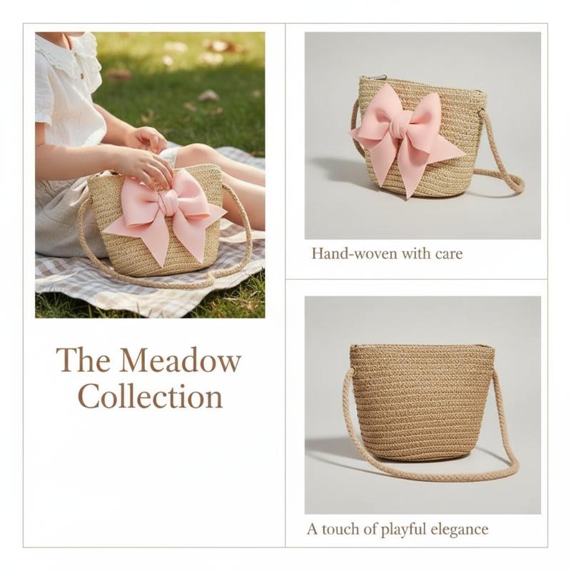 Beach Bag Straw - 女の赤ちゃん用編みわらショルダーバッグ愛らしいリボン装飾手作りミニクロスボディバッグ子供用ビーチ旅行パーティー用