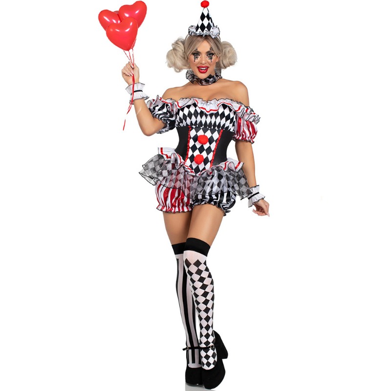 Romper Playsuit Women - 女性ピエロコスプレ衣装サーカスパフォーマンス衣装ロールプレイ制服ハロウィンパーティーカーニバル道化師ドレス劇場ステージスーツ