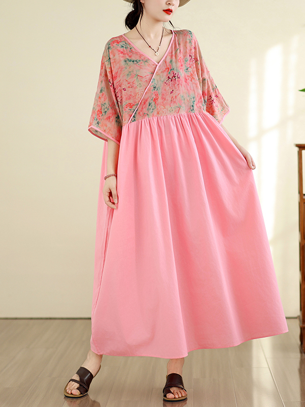 Summer Clothing New Look - レトロスタイルコットンリネンVネック切り替えサマーニュードレスプラスサイズ婦人服体型カバー着痩せロングドレス