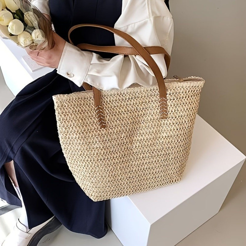 ファッションソリッドカラー織りストロートートバッグスクエアジ - Beach Bag Straw のレビューと価格