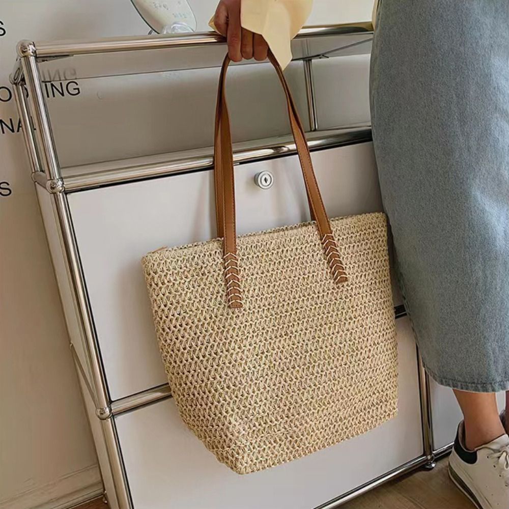 ファッションソリッドカラー織りストロートートバッグスクエアジ - Beach Bag Straw のレビューと価格