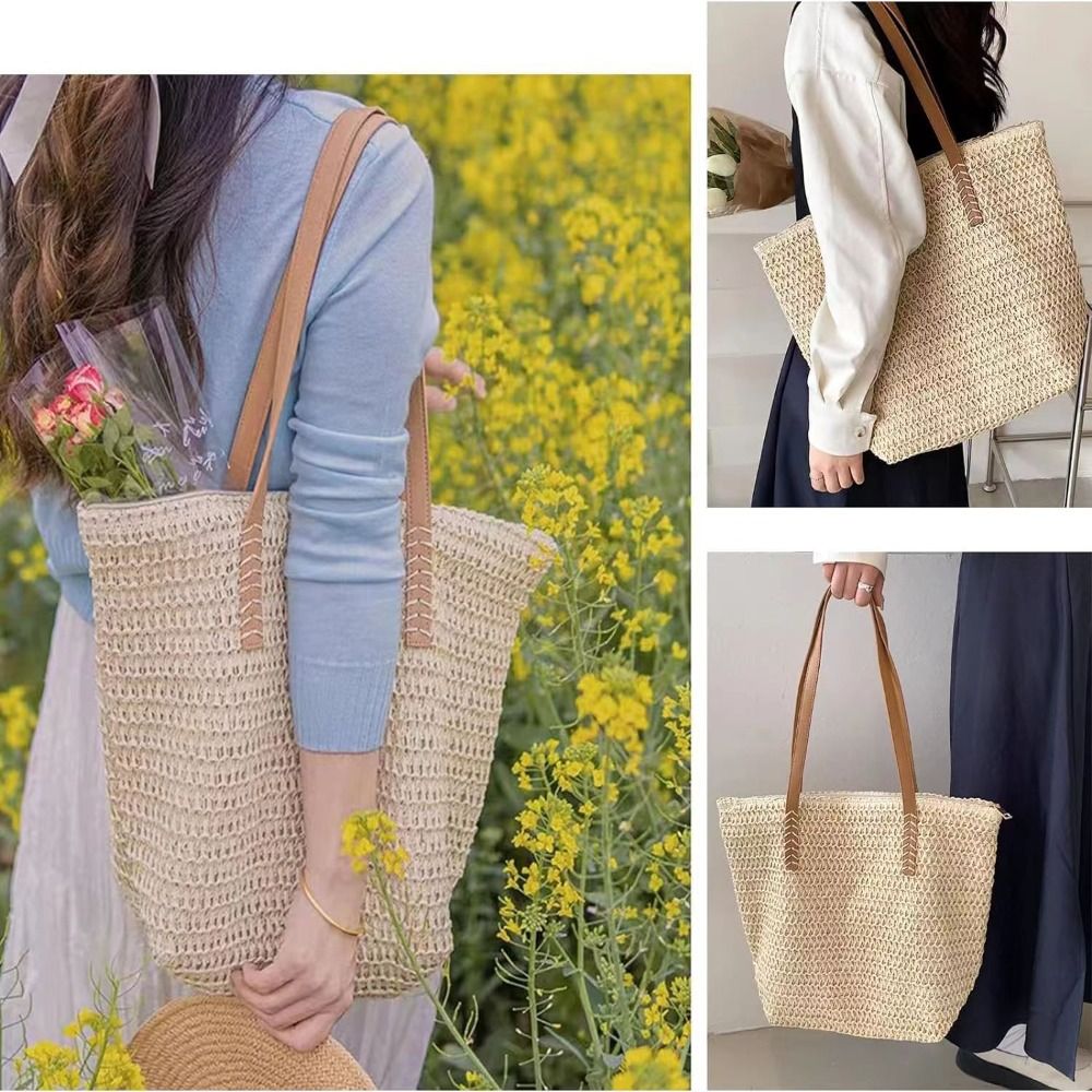 ファッションソリッドカラー織りストロートートバッグスクエアジ - Beach Bag Straw のレビューと価格