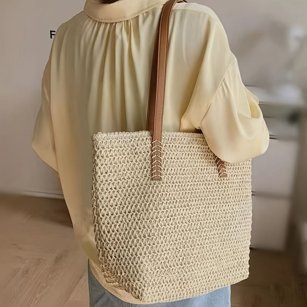 ファッションソリッドカラー織りストロートートバッグスクエアジ - Beach Bag Straw のレビューと価格