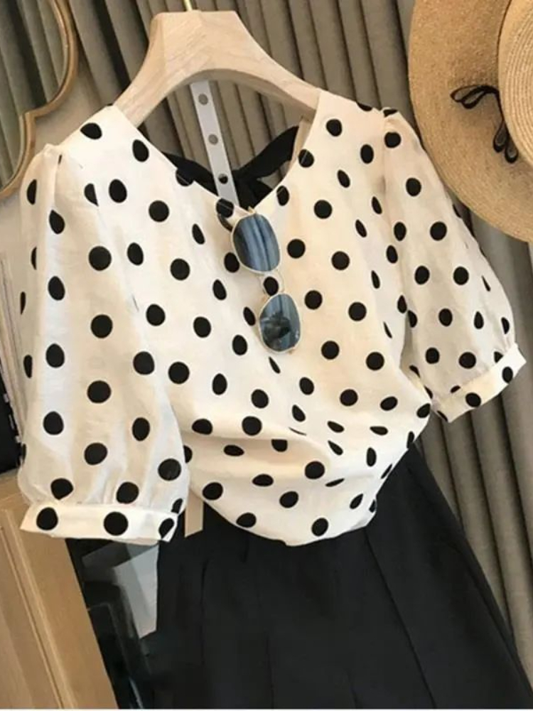 女性のためのエレガントなヴィンテージ水玉サマーブラウス,オフ - Summer Clothing Aesthetic のレビューと価格