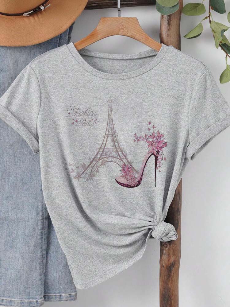 ファッションパリエッフェル塔プリント女性 Tシャツ半袖クルー - Summer Clothing In Paris のレビューと価格