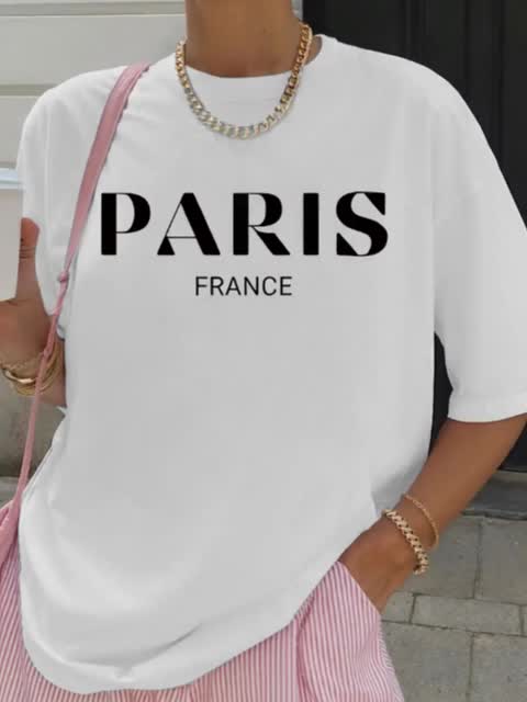 女性用カジュアル半袖クルーネックTシャツ、パリのプリント文字 - Summer Clothing In Paris のレビューと価格